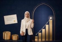 How Is Islamic Banking Expanding Financial Opportunities for Women Across MENA? Businesswoman in a cream hijab and blazer beside a rising gold chart framed by an arch, with gold coins and a Sukuk certificate