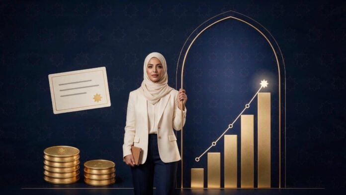 Islamic Banking and Women in MENA Businesswoman in a cream hijab and blazer beside a rising gold chart framed by an arch, with gold coins and a Sukuk certificate