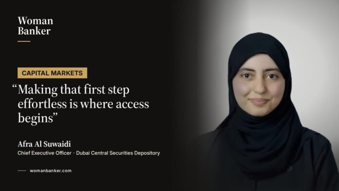 Woman Banker card: Afra Al Suwaidi, Chief Executive Officer of Dubai Central Securities Depository, with her quote "Making that first step effortless is where access begins"